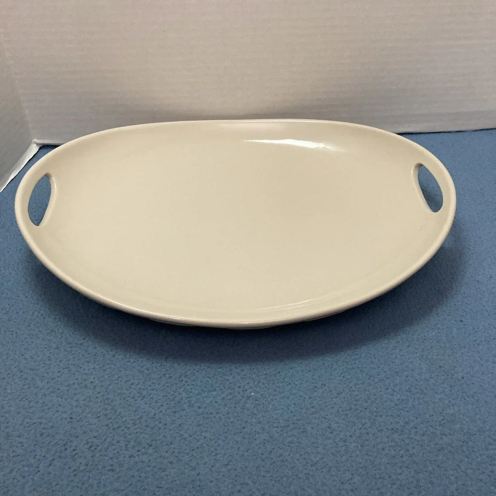 Longaberger Pottery Woven Traditions Ivory Contour Serving Platter w/Handles